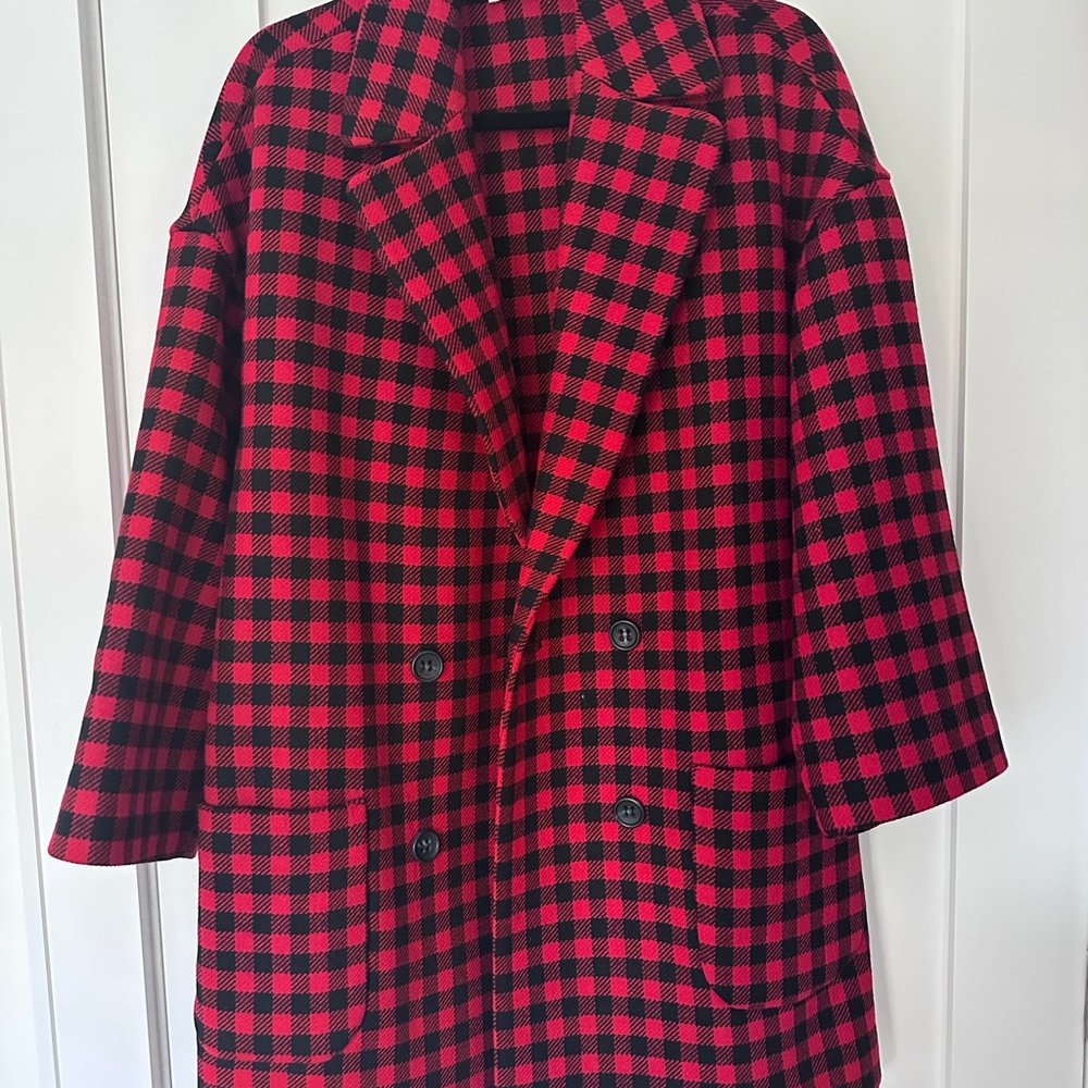 RED Valentino Checkered Pea Coat in Red and Black